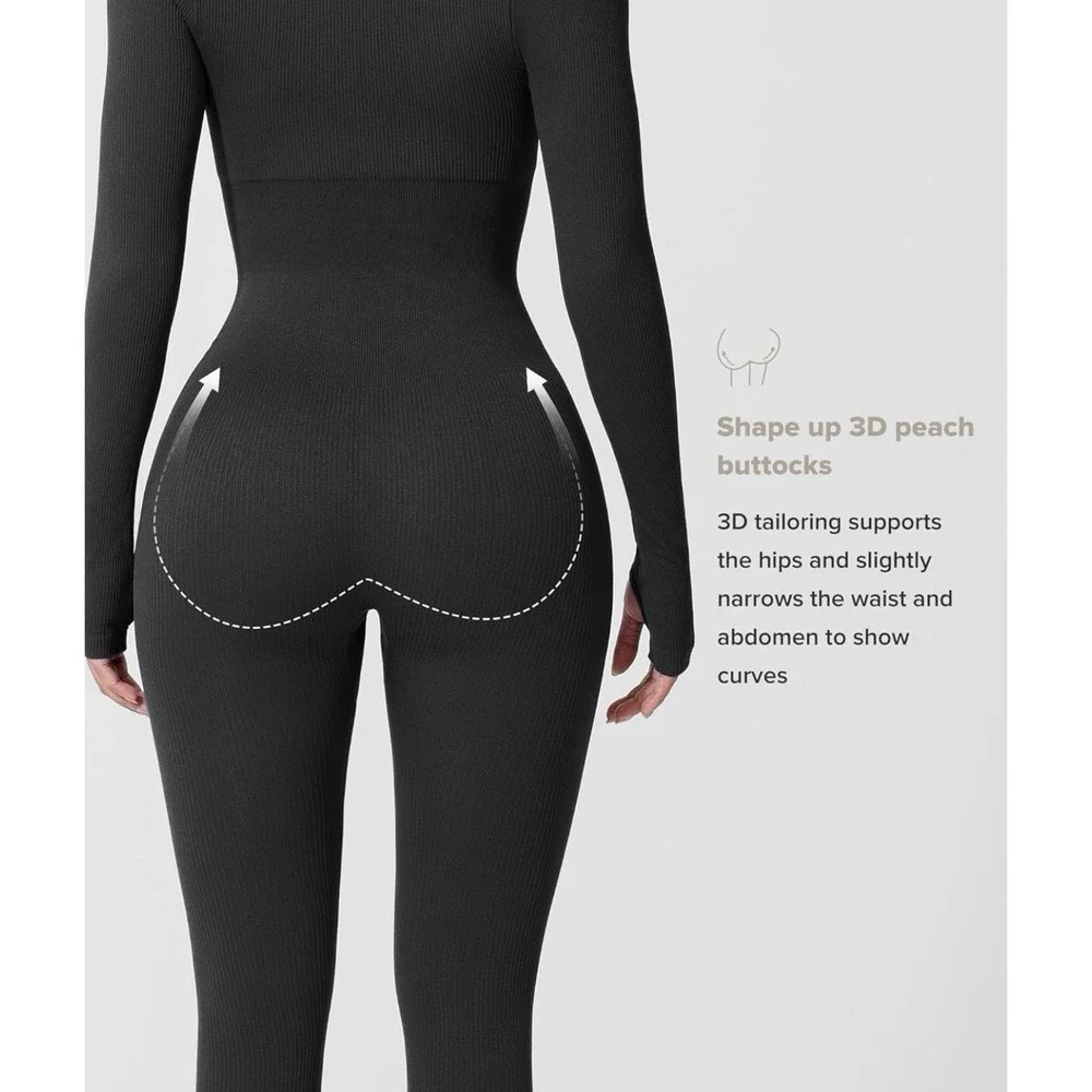 Black Long Sleeve Jumpsuit Workout Yoga Full Body Control Shapewear One Piece M